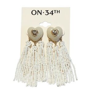 On 34th Gold-Tone Crystal Heart & Beaded Fringe Drop Earrings NWT